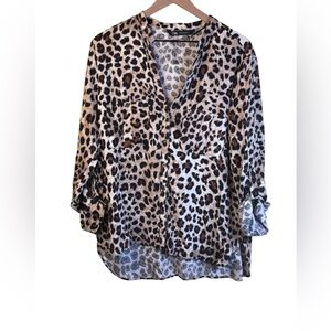 Zara Animal Print Blouse - Brown and Black Long Roll-tab Sleeves Size XL